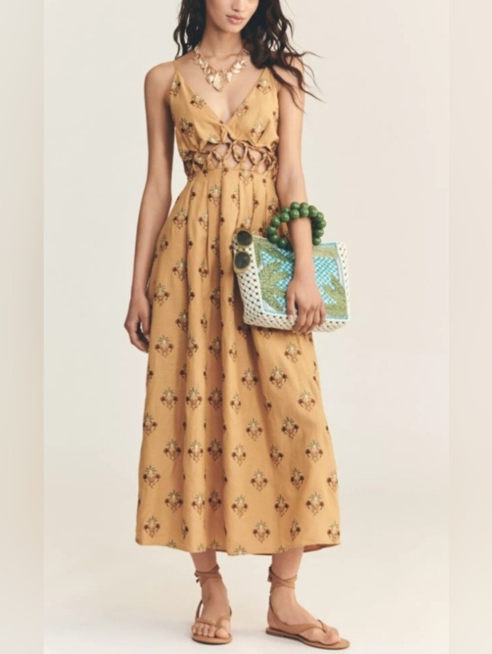 FARM Rio Coconut Tree Tapestry Macrame Cutout Maxi Dress NWT Size L